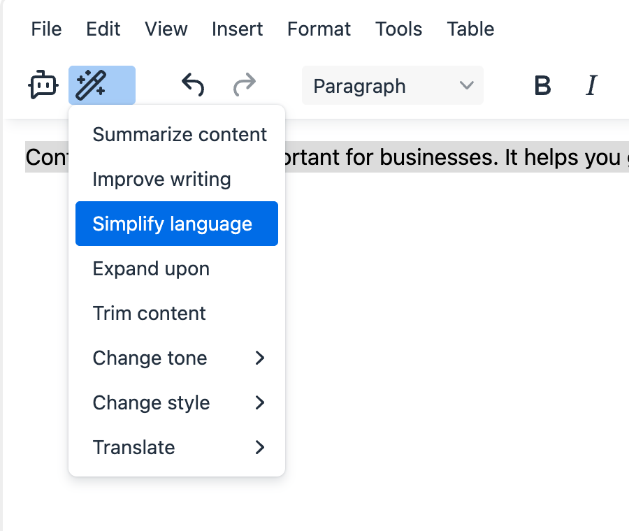 LumenText Custom Prompts - showing pre-written prompts including Summarize content, Improve writing, Simplify language, and more organizational options