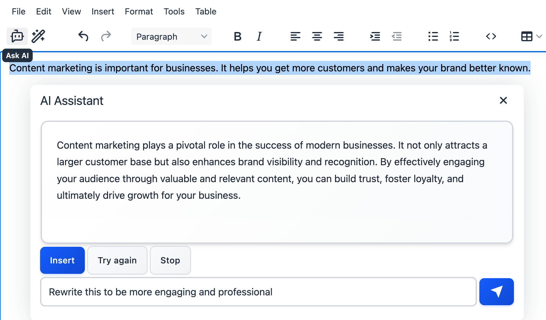 LumenText AI Assistant in TinyMCE - transforming basic content into professional, engaging copy with one click